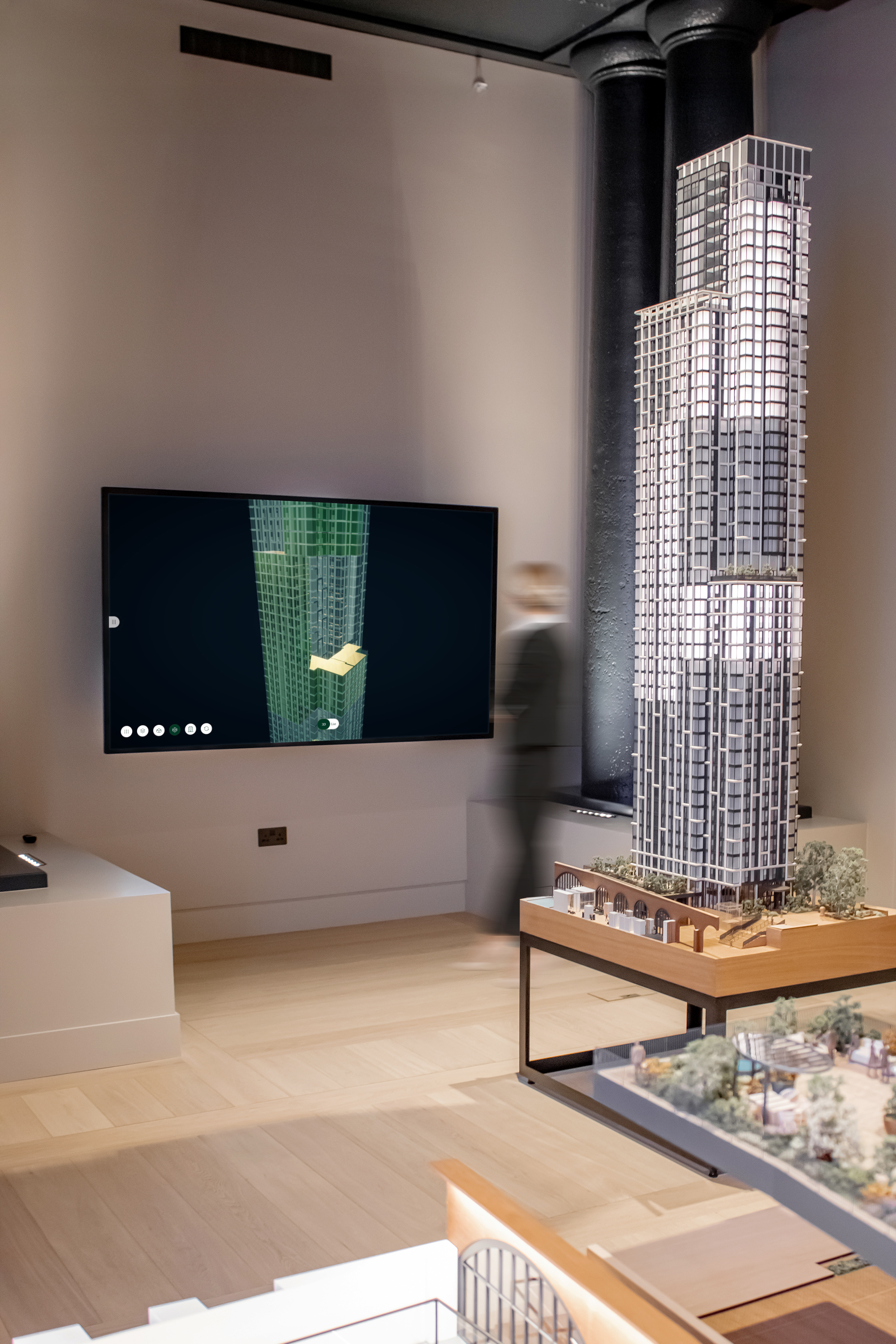 Bankside Yards marketing suite interactive touchscreen experience with 3D finder and X-ray with scale model lighting