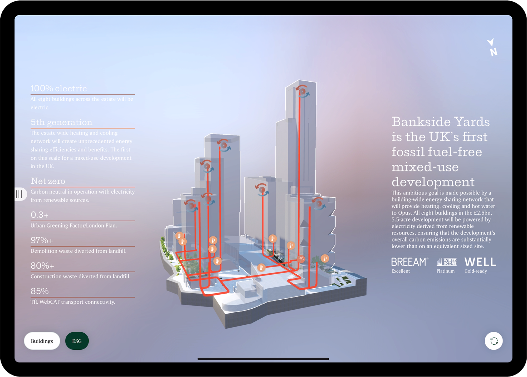 Bankside Yards Web App showing ESG messaging